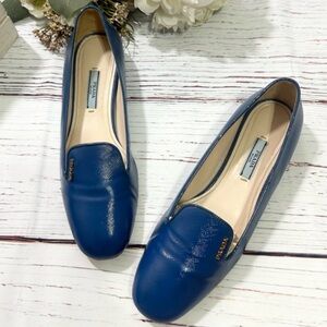 Vintage Prada Saffiano Leather Logo Loafers Blue Size 38 Made in Italy